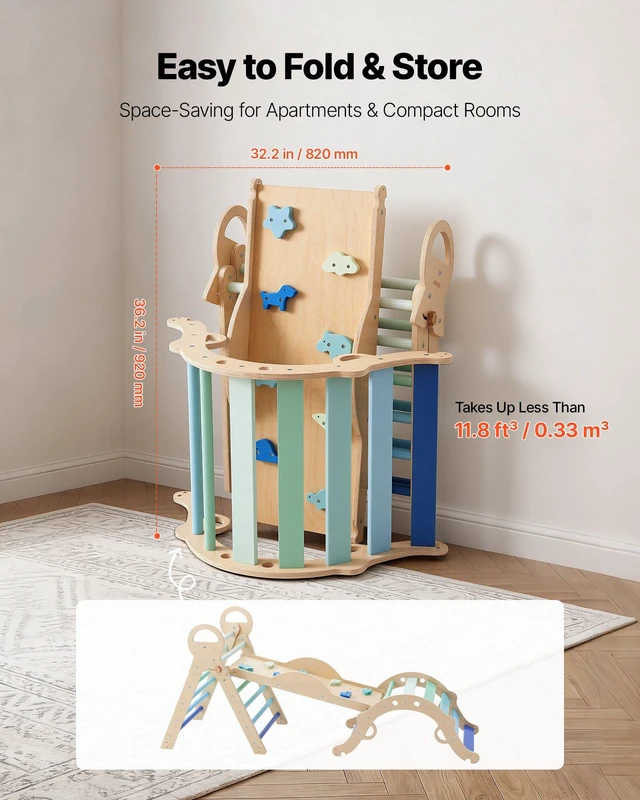 Alt view image 6 of 8 - VEVOR Pikler Triangle Set, 9-in-1 Toddler Climbing Toys Indoor, with 2 Wooden Cars, Cushion, Triangle, Arch, and Ramp, 150 lbs Load, Foldable Montessori Climbing Set for Toddlers and Kids, Blue