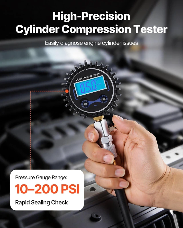 Alt view image 2 of 8 - VEVOR Engine Cylinder Compression Tester Kit, Pressure Gauge Range of 10-200 PSI, Compression Tester Kit with 4 Adapters, Straight & Angled Extended Metal Tubes for Automotive Cars and Motorcycles