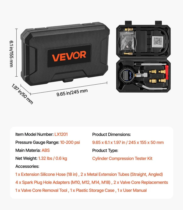 Alt view image 7 of 8 - VEVOR Engine Cylinder Compression Tester Kit, Pressure Gauge Range of 10-200 PSI, Compression Tester Kit with 4 Adapters, Straight & Angled Extended Metal Tubes for Automotive Cars and Motorcycles