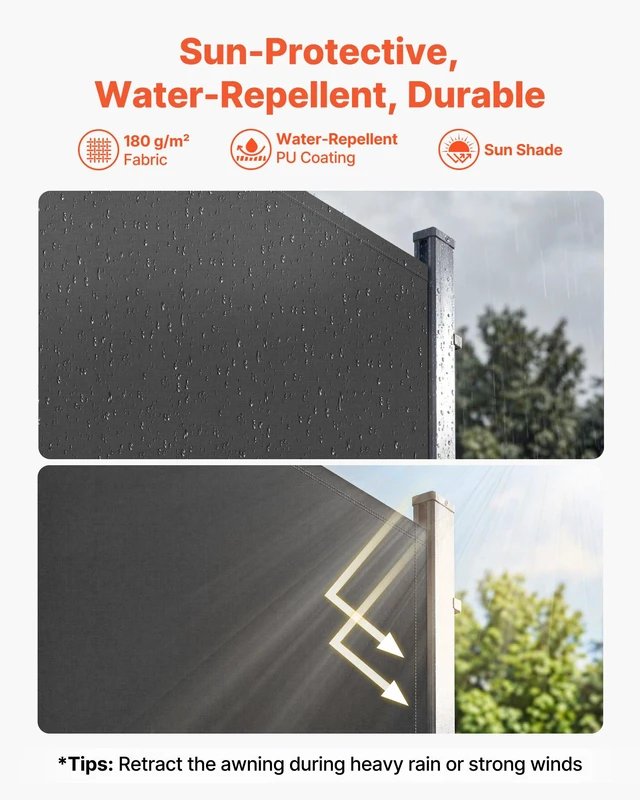 Alt view image 2 of 8 - VEVOR Retractable Side Awning, 73" x 165" Patio Retractable Side Screen with 180 g/m² Polyester Fabric, Waterproof Sunshade Outdoor Privacy Screen Room Divider for Garden, Balcony, Pools, Deck, Gray