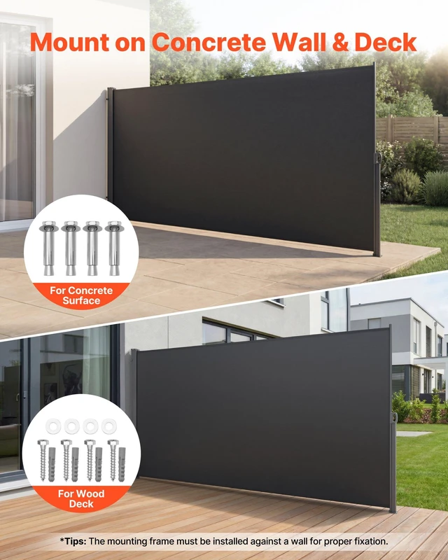 Alt view image 4 of 8 - VEVOR Retractable Side Awning, 73" x 165" Patio Retractable Side Screen with 180 g/m² Polyester Fabric, Waterproof Sunshade Outdoor Privacy Screen Room Divider for Garden, Balcony, Pools, Deck, Gray