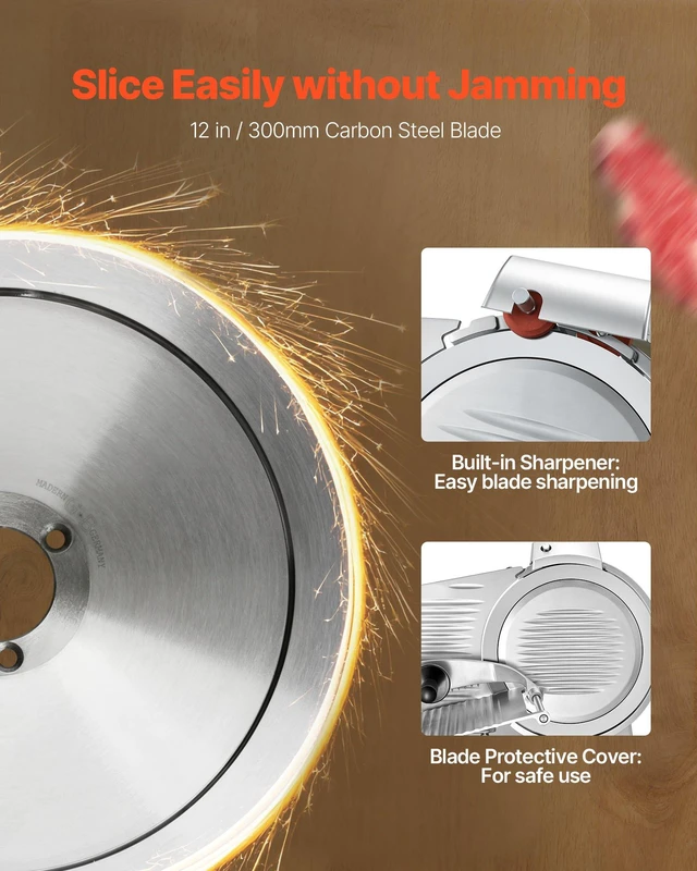 Alt view image 3 of 8 - VEVOR Commercial Meat Slicer, 320W Electric Deli Food Slicer with 12" Carbon Steel Blade, Built-In Sharpener & 0-0.6" Adjustable Thickness for Frozen Meat, Ham, Baguett, Steak, UL Approved