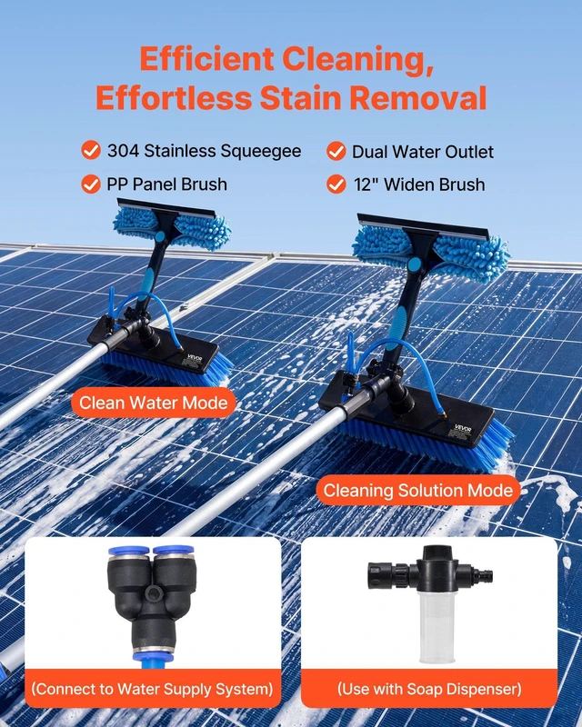 Alt view image 2 of 8 - VEVOR Solar Panel Cleaning Kit, 24 ft, Water Fed Pole Kit with Cleaning Brush, Soap Dispenser, Extendable Aluminum Telescopic Pole, 180° Rotatable Brush Head, for Roof Mounted Solar Panels, Windows