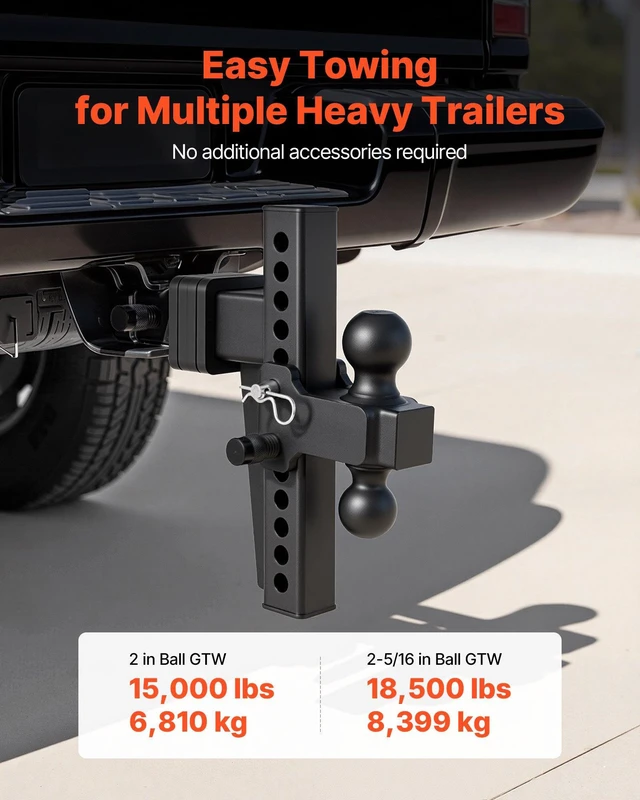 Alt view image 2 of 8 - VEVOR Adjustable Trailer Hitch, Fit 2.5 Inch Receiver, Trailer Hitch Mount with 2 Inch & 2-5/16 Inch Balls, 18500 lbs GTW, 10 Inch Drop, Towing Ball Mounts for RVs, Off-Road Vehicles and Trucks, Black