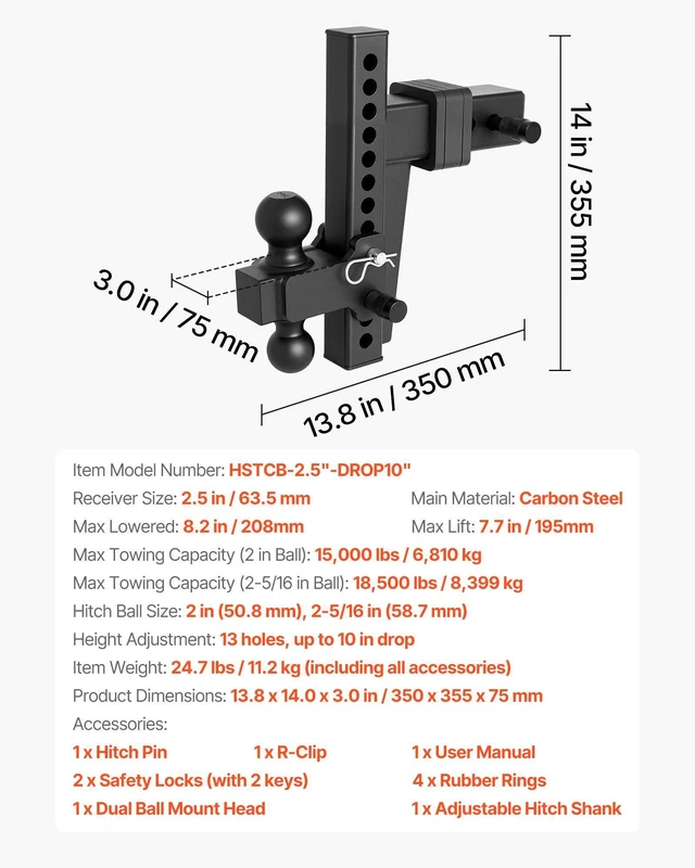 Alt view image 7 of 8 - VEVOR Adjustable Trailer Hitch, Fit 2.5 Inch Receiver, Trailer Hitch Mount with 2 Inch & 2-5/16 Inch Balls, 18500 lbs GTW, 10 Inch Drop, Towing Ball Mounts for RVs, Off-Road Vehicles and Trucks, Black