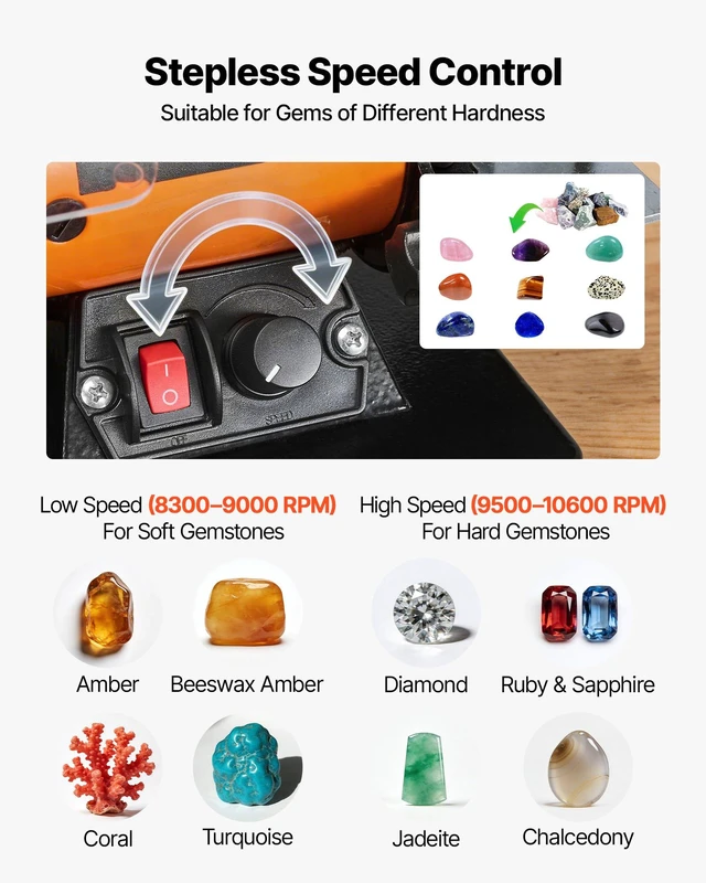 Alt view image 4 of 8 - VEVOR Bench Buffer Polisher, 8300-10600 RPM Adjustable Speed, Polishing & Buffing Machine with Grinding, Fiber, and Wool Wheels, 100-Piece Accessory Kit, for Jewelry, Wood, Metal, Raw Stone, Jade DIY