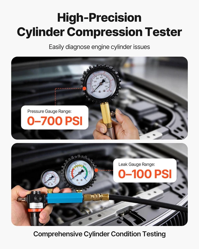 Alt view image 2 of 8 - VEVOR Engine Cylinder Compression Tester Kit, 0-700 PSI Pressure Gauge & 0-100 PSI Leak Gauge, Automotive Leak Down Tester Kit with 4 Adapters, Pressure Check & Leakage Rate Test on Cars, Motorcycles