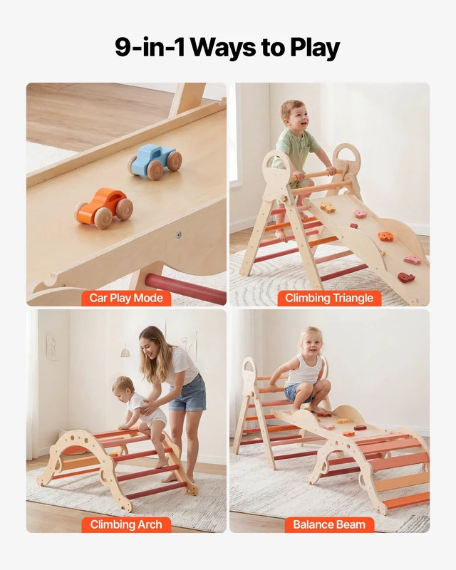 Alt view image 3 of 8 - VEVOR Pikler Triangle Set, 9-in-1 Toddler Climbing Toys Indoor, with 2 Wooden Cars, Cushion, Triangle, Arch, and Ramp, 150 lbs Load, Foldable Montessori Climbing Set for Toddlers and Kids, Orange
