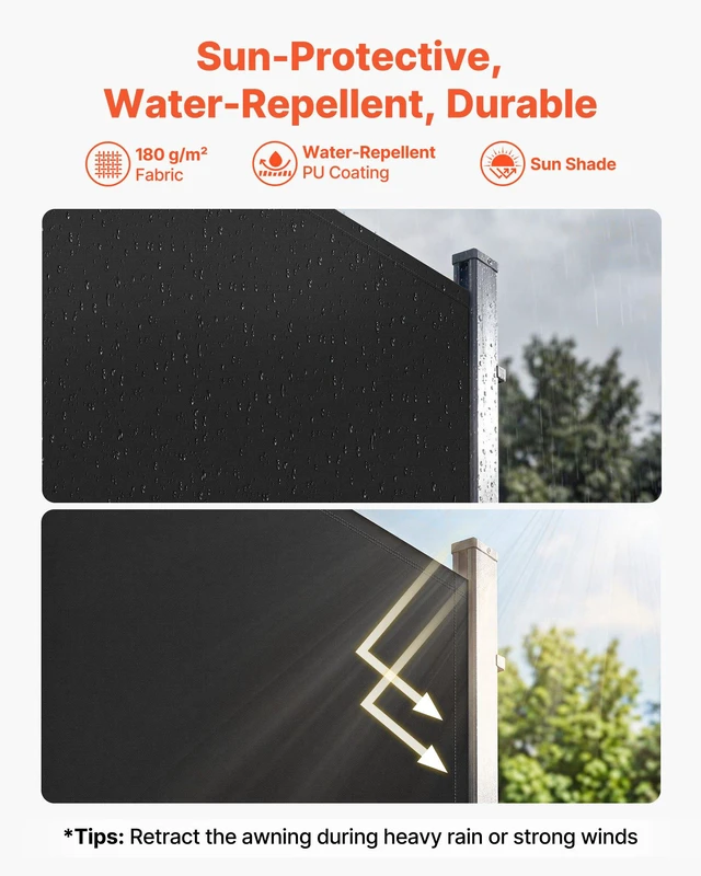 Alt view image 2 of 8 - VEVOR Retractable Side Awning, 71" x 118" Patio Retractable Side Screen with 180 g/m² Polyester Fabric, Waterproof Sunshade Outdoor Privacy Screen Room Divider for Garden, Balcony, Pools, Deck, Black