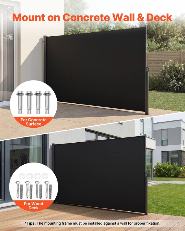 Alt view image 4 of 8 - VEVOR Retractable Side Awning, 71" x 118" Patio Retractable Side Screen with 180 g/m² Polyester Fabric, Waterproof Sunshade Outdoor Privacy Screen Room Divider for Garden, Balcony, Pools, Deck, Black