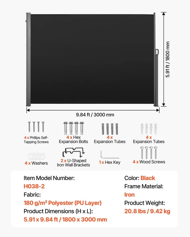 Alt view image 7 of 8 - VEVOR Retractable Side Awning, 71" x 118" Patio Retractable Side Screen with 180 g/m² Polyester Fabric, Waterproof Sunshade Outdoor Privacy Screen Room Divider for Garden, Balcony, Pools, Deck, Black