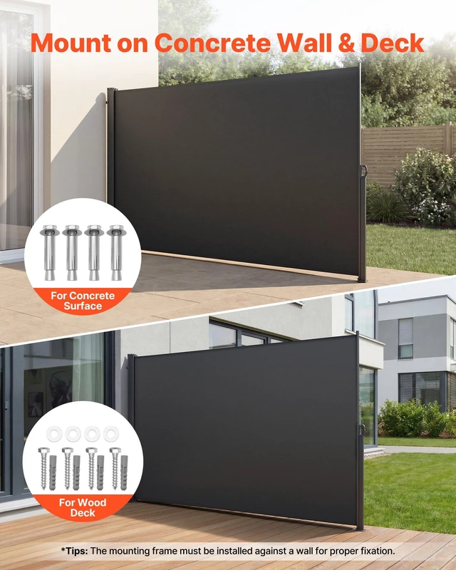 Alt view image 4 of 8 - VEVOR Retractable Side Awning, 71" x 118" Patio Retractable Side Screen with 180 g/m² Polyester Fabric, Waterproof Sunshade Outdoor Privacy Screen Room Divider for Garden, Balcony, Pools, Deck, Gray