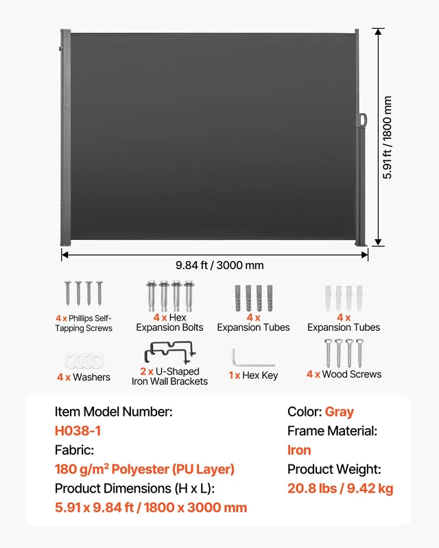 Alt view image 7 of 8 - VEVOR Retractable Side Awning, 71" x 118" Patio Retractable Side Screen with 180 g/m² Polyester Fabric, Waterproof Sunshade Outdoor Privacy Screen Room Divider for Garden, Balcony, Pools, Deck, Gray