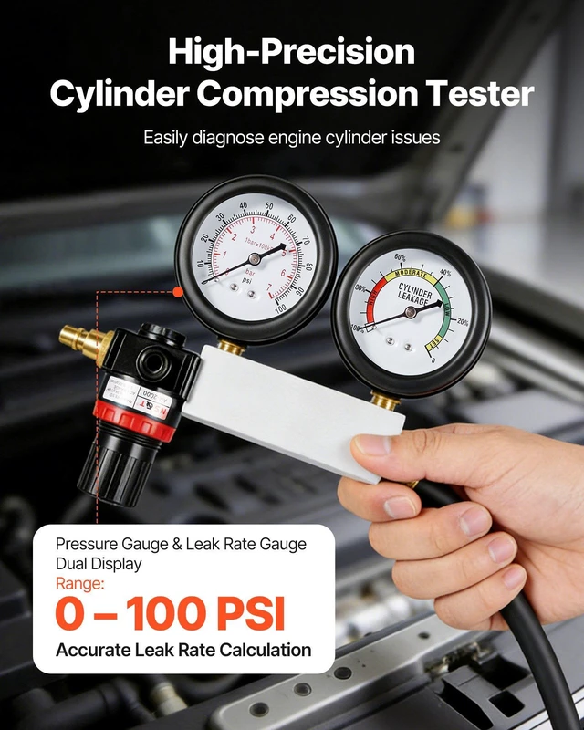 Alt view image 2 of 8 - VEVOR Engine Cylinder Compression Tester Kit, Pressure Gauge Range of 0-100 PSI, Automotive Leak Down Tester Kit with 4 Adapters, 2 Metal Tubes, Pressure Check & Leakage Rate Test on Cars, Motorcycles