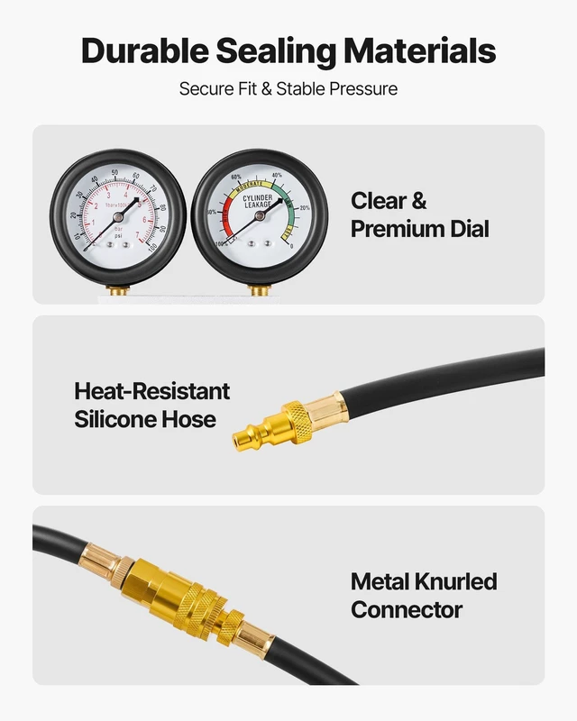 Alt view image 5 of 8 - VEVOR Engine Cylinder Compression Tester Kit, Pressure Gauge Range of 0-100 PSI, Automotive Leak Down Tester Kit with 4 Adapters, 2 Metal Tubes, Pressure Check & Leakage Rate Test on Cars, Motorcycles