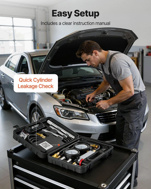 Alt view image 6 of 8 - VEVOR Engine Cylinder Compression Tester Kit, Pressure Gauge Range of 0-100 PSI, Automotive Leak Down Tester Kit with 4 Adapters, 2 Metal Tubes, Pressure Check & Leakage Rate Test on Cars, Motorcycles