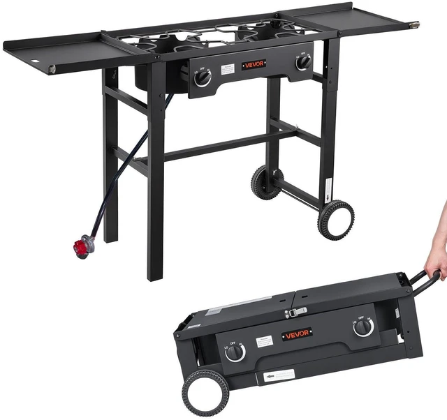 Main image of VEVOR 2 Burner Outdoor Propane Gas Stove, 150,000 BTU Propane LPG Gas Camping Stove, Foldable Heavy-duty Carbon Steel Outdoor Cooker, with Wheels & Shield & 20 PSI Regulator, for BBQ Camp Home Patio