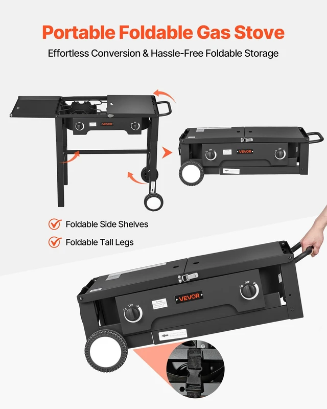 Alt view image 2 of 8 - VEVOR 2 Burner Outdoor Propane Gas Stove, 150,000 BTU Propane LPG Gas Camping Stove, Foldable Heavy-duty Carbon Steel Outdoor Cooker, with Wheels & Shield & 20 PSI Regulator, for BBQ Camp Home Patio