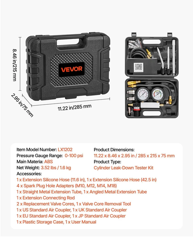 Alt view image 7 of 8 - VEVOR Engine Cylinder Compression Tester Kit, Pressure Gauge Range of 0-100 PSI, Automotive Leak Down Tester Kit with 4 Adapters, 2 Metal Tubes, Pressure Check & Leakage Rate Test on Cars, Motorcycles