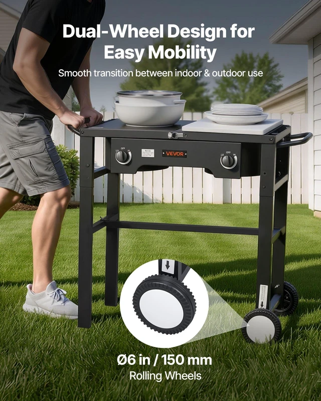 Alt view image 3 of 8 - VEVOR 2 Burner Outdoor Propane Gas Stove, 150,000 BTU Propane LPG Gas Camping Stove, Foldable Heavy-duty Carbon Steel Outdoor Cooker, with Wheels & Shield & 20 PSI Regulator, for BBQ Camp Home Patio