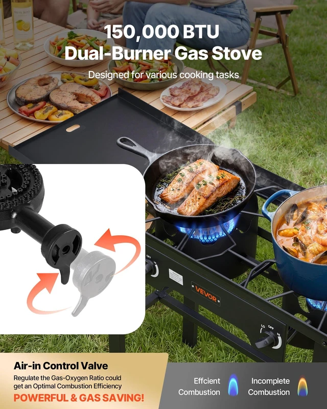 Alt view image 4 of 8 - VEVOR 2 Burner Outdoor Propane Gas Stove, 150,000 BTU Propane LPG Gas Camping Stove, Foldable Heavy-duty Carbon Steel Outdoor Cooker, with Wheels & Shield & 20 PSI Regulator, for BBQ Camp Home Patio