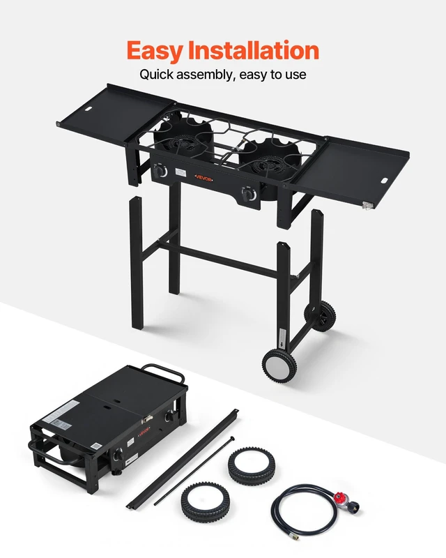 Alt view image 6 of 8 - VEVOR 2 Burner Outdoor Propane Gas Stove, 150,000 BTU Propane LPG Gas Camping Stove, Foldable Heavy-duty Carbon Steel Outdoor Cooker, with Wheels & Shield & 20 PSI Regulator, for BBQ Camp Home Patio