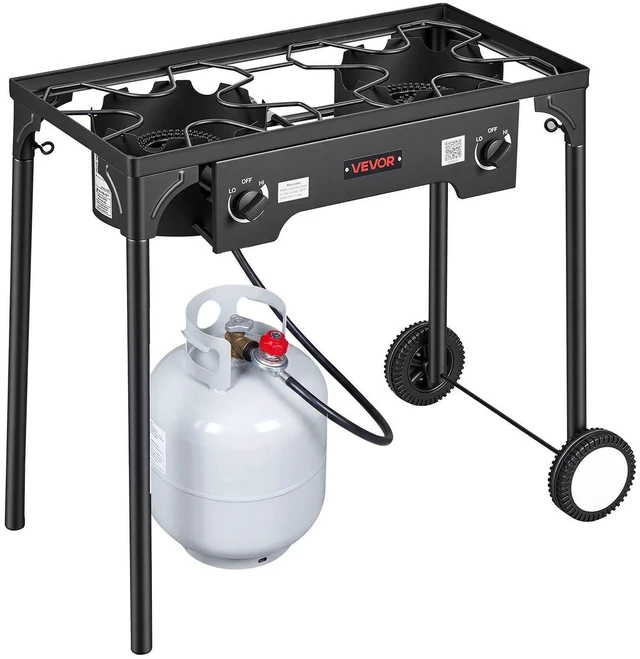 Main image of VEVOR 2 Burner Outdoor Propane Gas Stove, 150,000 BTU Propane LPG Gas Camping Stove, Heavy-duty Carbon Steel Outdoor Cooker, with 2 Wheels & 20 PSI Regulator & Hose, for BBQ Camp Home Patio Backyard