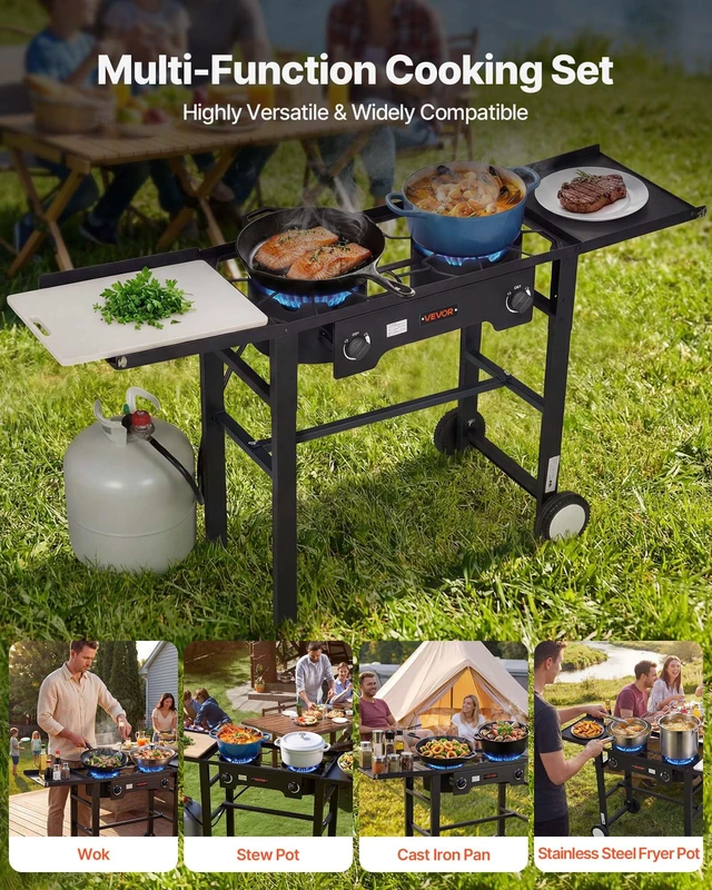 Alt view image 7 of 8 - VEVOR 2 Burner Outdoor Propane Gas Stove, 150,000 BTU Propane LPG Gas Camping Stove, Foldable Heavy-duty Carbon Steel Outdoor Cooker, with Wheels & Shield & 20 PSI Regulator, for BBQ Camp Home Patio