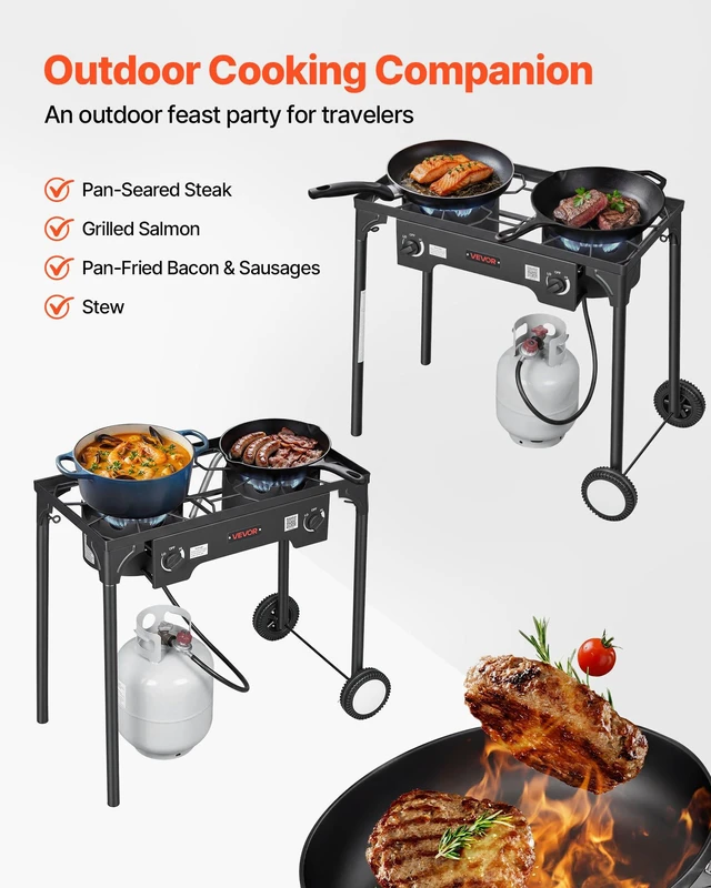 Alt view image 2 of 8 - VEVOR 2 Burner Outdoor Propane Gas Stove, 150,000 BTU Propane LPG Gas Camping Stove, Heavy-duty Carbon Steel Outdoor Cooker, with 2 Wheels & 20 PSI Regulator & Hose, for BBQ Camp Home Patio Backyard