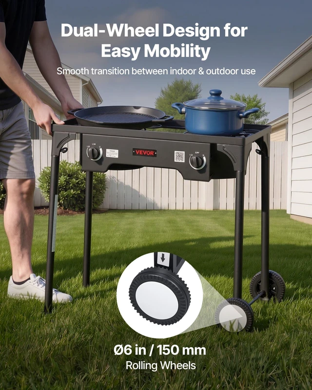 Alt view image 3 of 8 - VEVOR 2 Burner Outdoor Propane Gas Stove, 150,000 BTU Propane LPG Gas Camping Stove, Heavy-duty Carbon Steel Outdoor Cooker, with 2 Wheels & 20 PSI Regulator & Hose, for BBQ Camp Home Patio Backyard