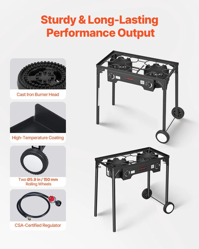 Alt view image 5 of 8 - VEVOR 2 Burner Outdoor Propane Gas Stove, 150,000 BTU Propane LPG Gas Camping Stove, Heavy-duty Carbon Steel Outdoor Cooker, with 2 Wheels & 20 PSI Regulator & Hose, for BBQ Camp Home Patio Backyard