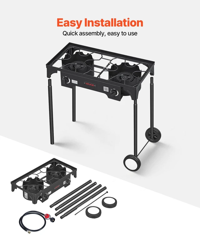 Alt view image 6 of 8 - VEVOR 2 Burner Outdoor Propane Gas Stove, 150,000 BTU Propane LPG Gas Camping Stove, Heavy-duty Carbon Steel Outdoor Cooker, with 2 Wheels & 20 PSI Regulator & Hose, for BBQ Camp Home Patio Backyard