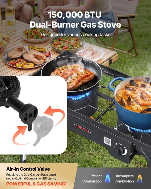 Alt view image 4 of 8 - VEVOR 2 Burner Outdoor Propane Gas Stove, 150,000 BTU Propane LPG Gas Camping Stove, Heavy-duty Carbon Steel Outdoor Cooker, with 2 Wheels & 20 PSI Regulator & Hose, for BBQ Camp Home Patio Backyard