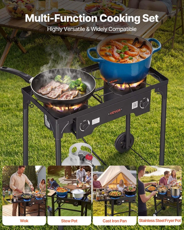 Alt view image 7 of 8 - VEVOR 2 Burner Outdoor Propane Gas Stove, 150,000 BTU Propane LPG Gas Camping Stove, Heavy-duty Carbon Steel Outdoor Cooker, with 2 Wheels & 20 PSI Regulator & Hose, for BBQ Camp Home Patio Backyard