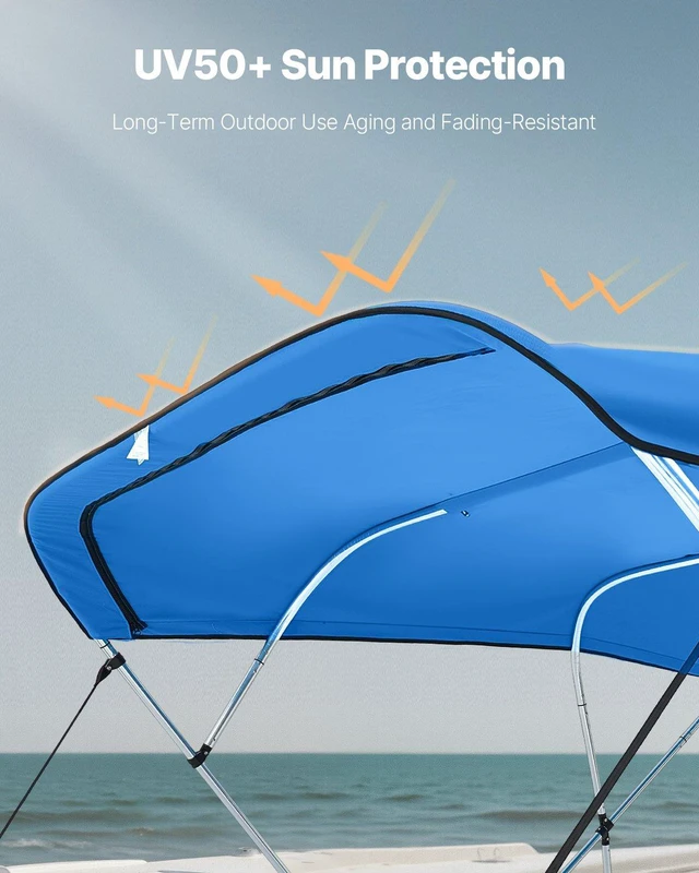 Alt view image 4 of 8 - VEVOR 4 Bow Bimini Top Replacement Cover, 8 ft Long Durable 600D Marine Grade Waterproof Sun Shade Boat Canopy with Storage Boot, Easy Install Zipper Sleeve Awning, 96"L x (97"-103")W, Blue (No Frame)