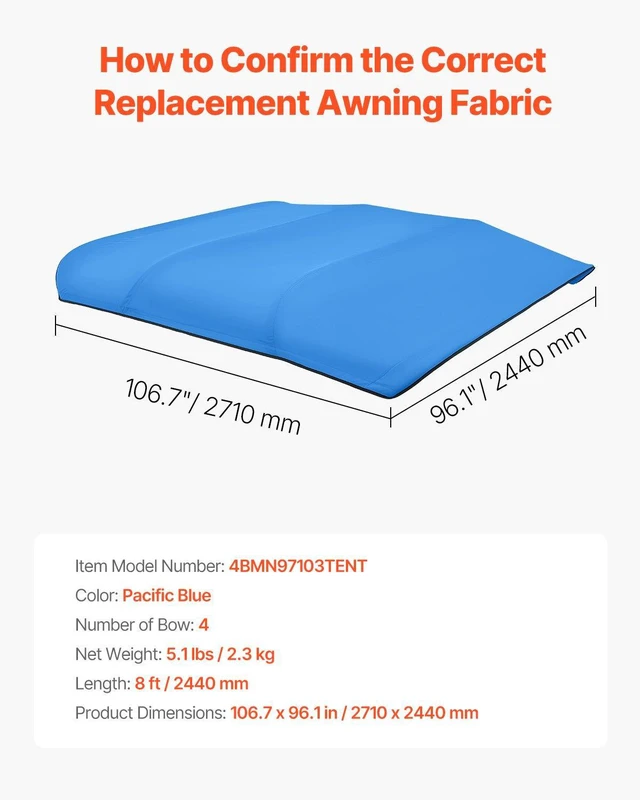 Alt view image 7 of 8 - VEVOR 4 Bow Bimini Top Replacement Cover, 8 ft Long Durable 600D Marine Grade Waterproof Sun Shade Boat Canopy with Storage Boot, Easy Install Zipper Sleeve Awning, 96"L x (97"-103")W, Blue (No Frame)