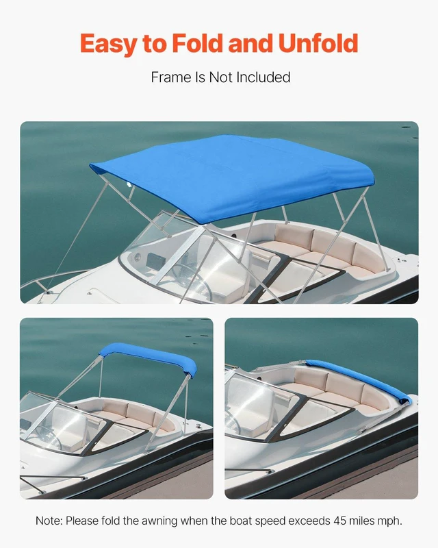 Alt view image 5 of 8 - VEVOR 4 Bow Bimini Top Replacement Cover, 8 ft Long Durable 600D Marine Grade Waterproof Sun Shade Boat Canopy with Storage Boot, Easy Install Zipper Sleeve Awning, 96"L x (97"-103")W, Blue (No Frame)