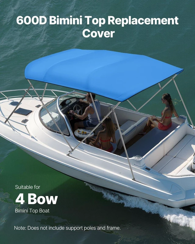 Alt view image 2 of 8 - VEVOR 4 Bow Bimini Top Replacement Cover, 8 ft Long, Durable 600D Marine Grade Waterproof Sun Shade Boat Canopy with Storage Boot, Easy Install Zipper Sleeve Awning, 96"L x (91"-96")W, Blue (No Frame)