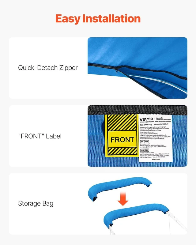Alt view image 6 of 8 - VEVOR 4 Bow Bimini Top Replacement Cover, 8 ft Long, Durable 600D Marine Grade Waterproof Sun Shade Boat Canopy with Storage Boot, Easy Install Zipper Sleeve Awning, 96"L x (91"-96")W, Blue (No Frame)