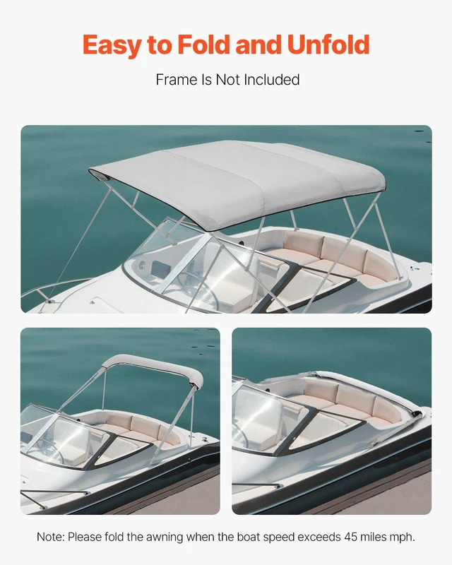 Alt view image 5 of 8 - VEVOR 4 Bow Bimini Top Replacement Cover, 8 ft Long, Durable 600D Marine Grade Waterproof Sun Shade Boat Canopy with Storage Boot, Easy Install Zipper Sleeve Awning, 96"L x (91"-96")W, Gray (No Frame)