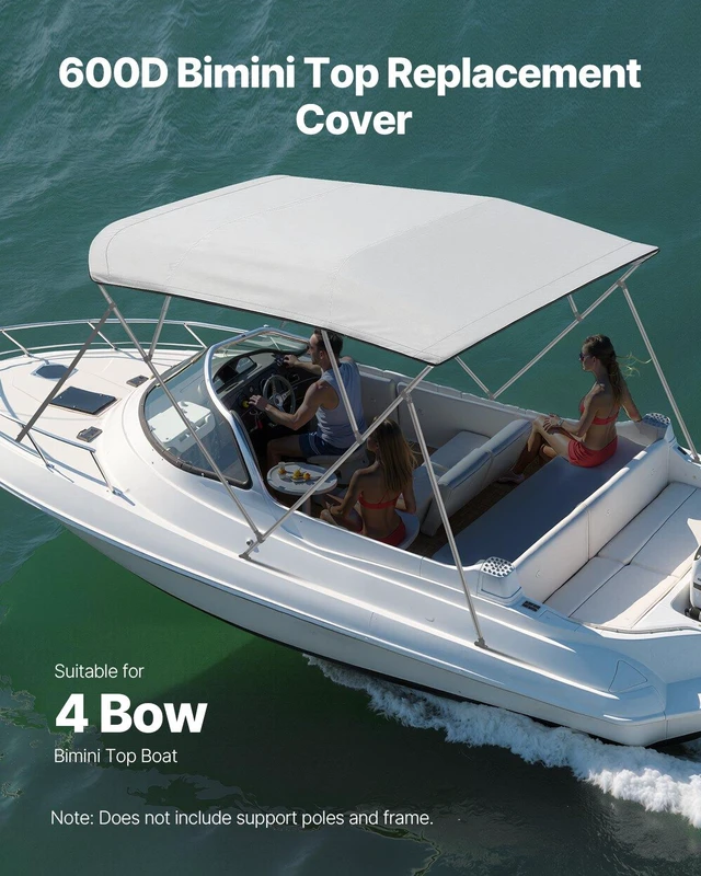 Alt view image 2 of 8 - VEVOR 4 Bow Bimini Top Replacement Cover, 8 ft Long, Durable 600D Marine Grade Waterproof Sun Shade Boat Canopy with Storage Boot, Easy Install Zipper Sleeve Awning, 96"L x (91"-96")W, Gray (No Frame)