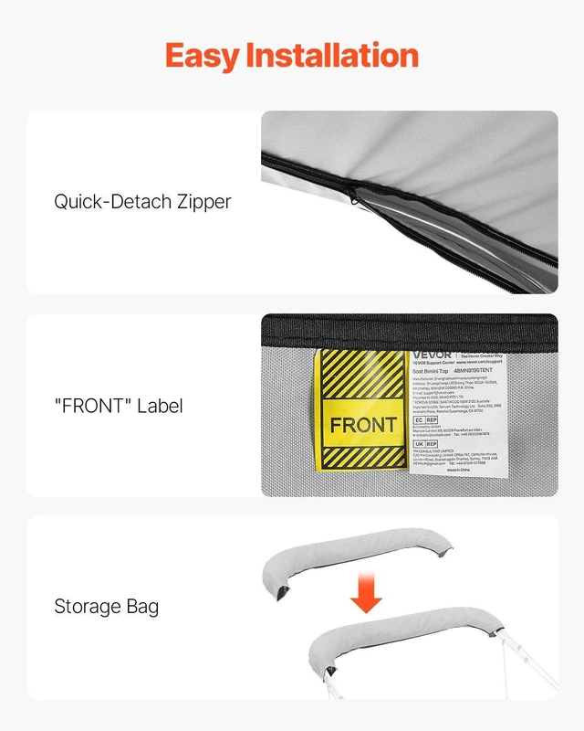 Alt view image 6 of 8 - VEVOR 4 Bow Bimini Top Replacement Cover, 8 ft Long, Durable 600D Marine Grade Waterproof Sun Shade Boat Canopy with Storage Boot, Easy Install Zipper Sleeve Awning, 96"L x (91"-96")W, Gray (No Frame)