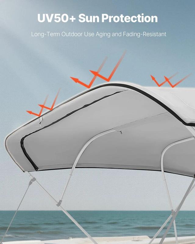 Alt view image 4 of 8 - VEVOR 4 Bow Bimini Top Replacement Cover, 8 ft Long, Durable 600D Marine Grade Waterproof Sun Shade Boat Canopy with Storage Boot, Easy Install Zipper Sleeve Awning, 96"L x (91"-96")W, Gray (No Frame)