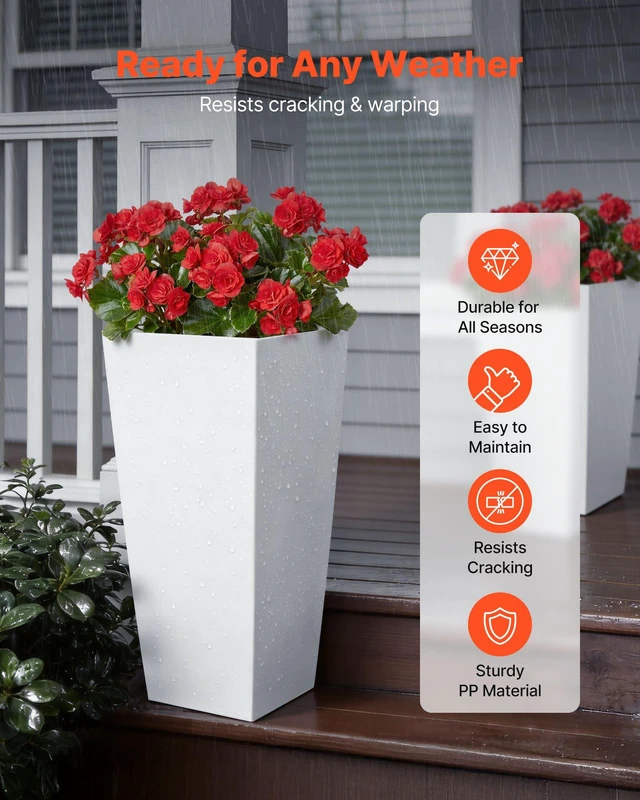 Alt view image 2 of 8 - VEVOR Tall Planters Set of 2, 26 Inch Large Outdoor Taper Planters for Outdoor Indoor Plants, Front Porch Plastic Modern Flower Pots with Casters, Inner Pot & Drainage Holes for Patio, Garden, White
