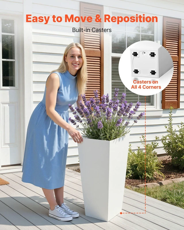 Alt view image 4 of 8 - VEVOR Tall Planters Set of 2, 26 Inch Large Outdoor Taper Planters for Outdoor Indoor Plants, Front Porch Plastic Modern Flower Pots with Casters, Inner Pot & Drainage Holes for Patio, Garden, White