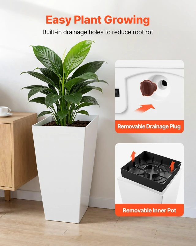 Alt view image 5 of 8 - VEVOR Tall Planters Set of 2, 26 Inch Large Outdoor Taper Planters for Outdoor Indoor Plants, Front Porch Plastic Modern Flower Pots with Casters, Inner Pot & Drainage Holes for Patio, Garden, White