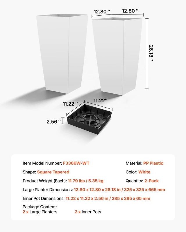 Alt view image 7 of 8 - VEVOR Tall Planters Set of 2, 26 Inch Large Outdoor Taper Planters for Outdoor Indoor Plants, Front Porch Plastic Modern Flower Pots with Casters, Inner Pot & Drainage Holes for Patio, Garden, White