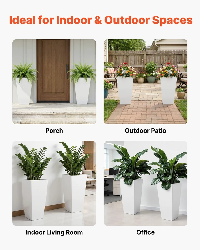 Alt view image 6 of 8 - VEVOR Tall Planters Set of 2, 26 Inch Large Outdoor Taper Planters for Outdoor Indoor Plants, Front Porch Plastic Modern Flower Pots with Casters, Inner Pot & Drainage Holes for Patio, Garden, White