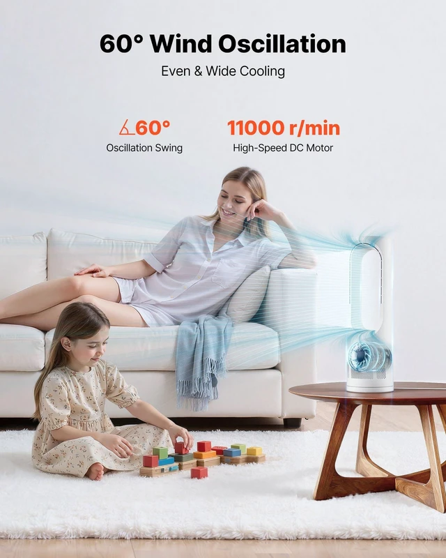Alt view image 2 of 8 - VEVOR Desk Fan Bladeless, 17 inch Office Table Fan Small Quite, 5 Speeds Adjustment, 0-9H Timer, 60-Degree Oscillation, Touch Control, Easy to Clean, Portable for Office, Living Room, Bedroom