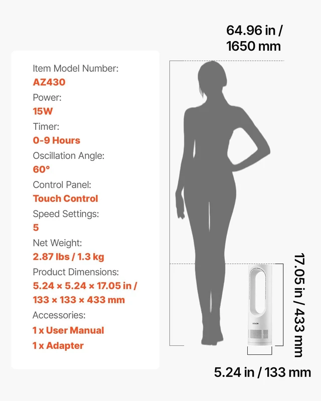 Alt view image 7 of 8 - VEVOR Desk Fan Bladeless, 17 inch Office Table Fan Small Quite, 5 Speeds Adjustment, 0-9H Timer, 60-Degree Oscillation, Touch Control, Easy to Clean, Portable for Office, Living Room, Bedroom